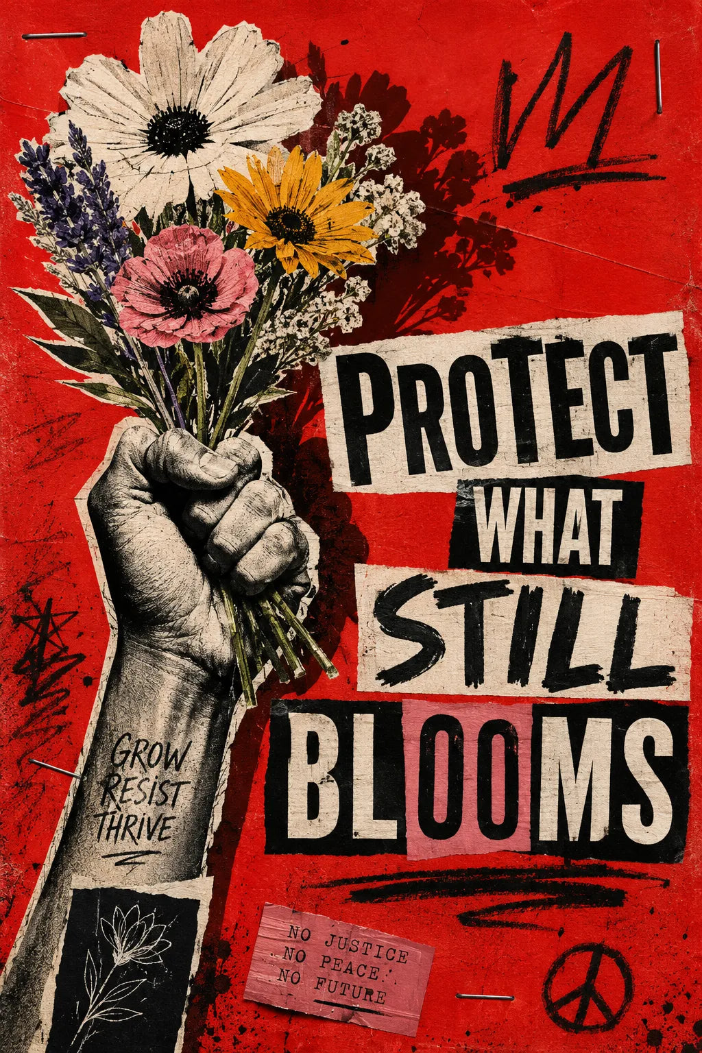 Example output from the Bold Ransom Style Activist Posters ChatGPT prompt: a red protest poster reading Protect What Still Blooms, with a raised fist holding wildflowers and torn paper cut-out lettering.