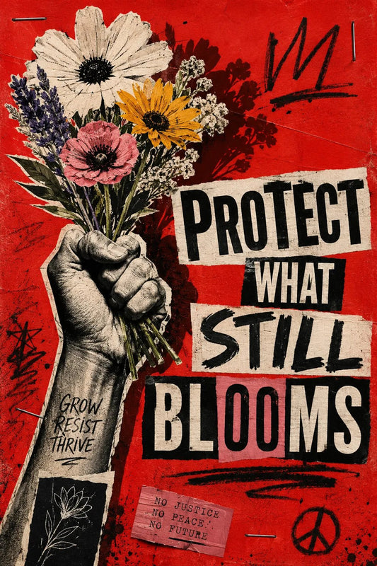 Example output from the Bold Ransom Style Activist Posters ChatGPT prompt: a red protest poster reading Protect What Still Blooms, with a raised fist holding wildflowers and torn paper cut-out lettering.