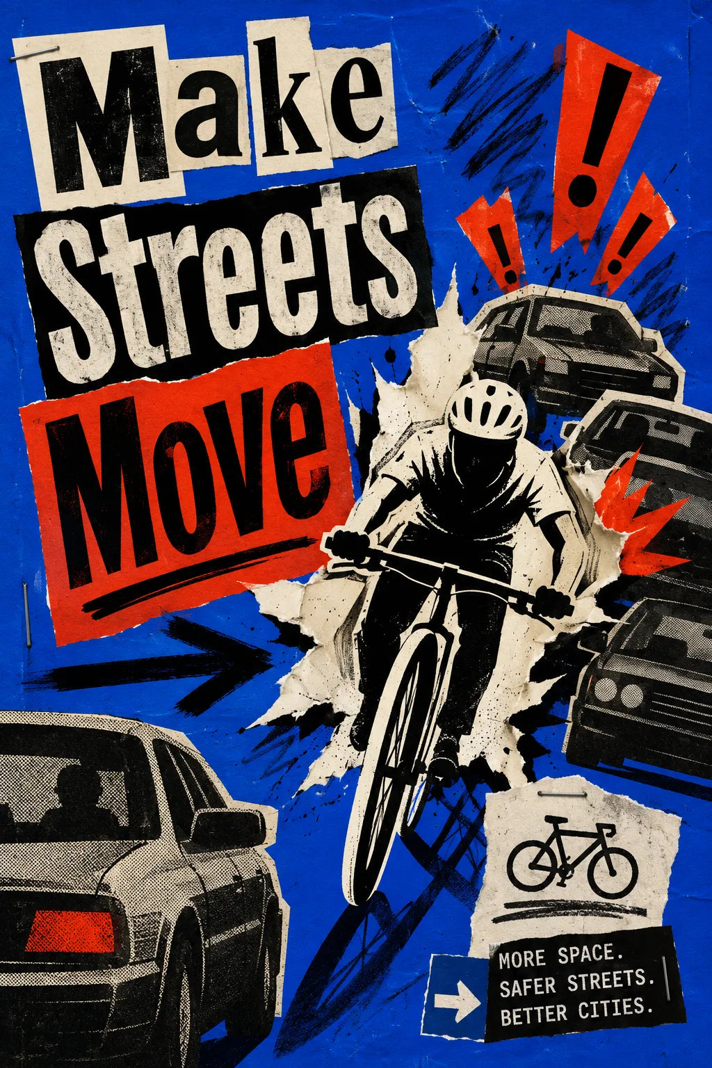 Example output from the Bold Ransom Style Activist Posters ChatGPT prompt: a blue protest poster reading Make Streets Move, with a cyclist weaving through cut-out cars and torn paper type.