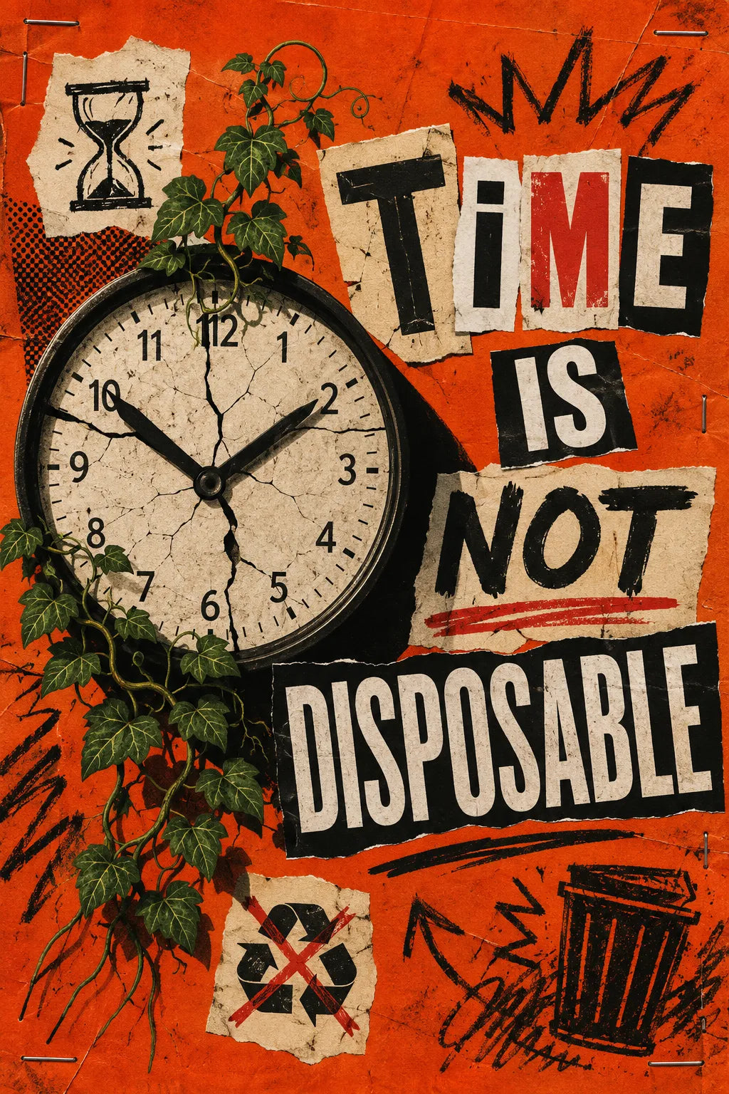 Example output from the Bold Ransom Style Activist Posters ChatGPT prompt: a time-themed protest poster in ransom-note collage style with torn paper lettering and recycled textures.