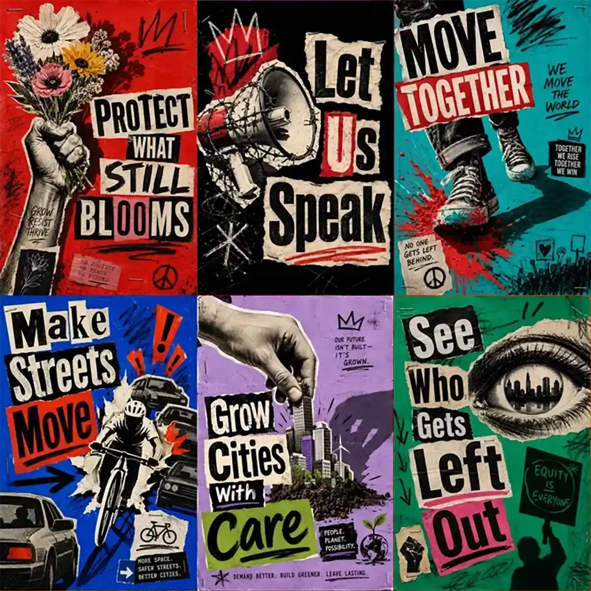 Example output from the Bold Ransom Style Activist Posters ChatGPT prompt: a six-poster grid of protest placards in ransom-note collage style with torn paper type, halftone photography and bold flat backgrounds in red, black, teal, blue, purple and green.
