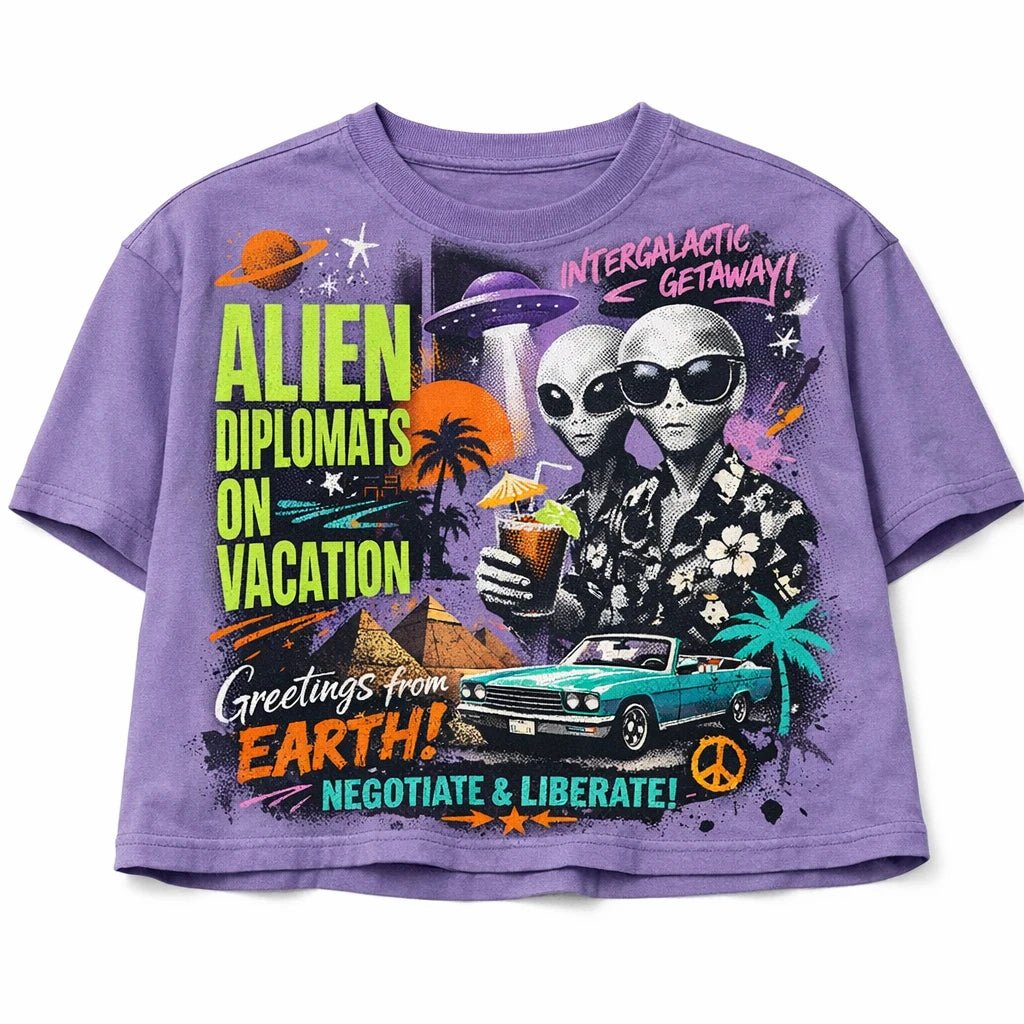 Bold Streetwear Apparel Graphics ChatGPT prompt: oversized streetwear mockup with editorial collage styling, layered typography, asymmetrical layout, and screen-print textures. Alien diplomats on vacation. Cropped box tee