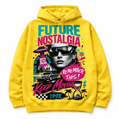 Bold Streetwear Apparel Graphics ChatGPT prompt: oversized streetwear mockup with editorial collage styling, layered typography, asymmetrical layout, and screen-print textures. Future nostalgia. Hoodie