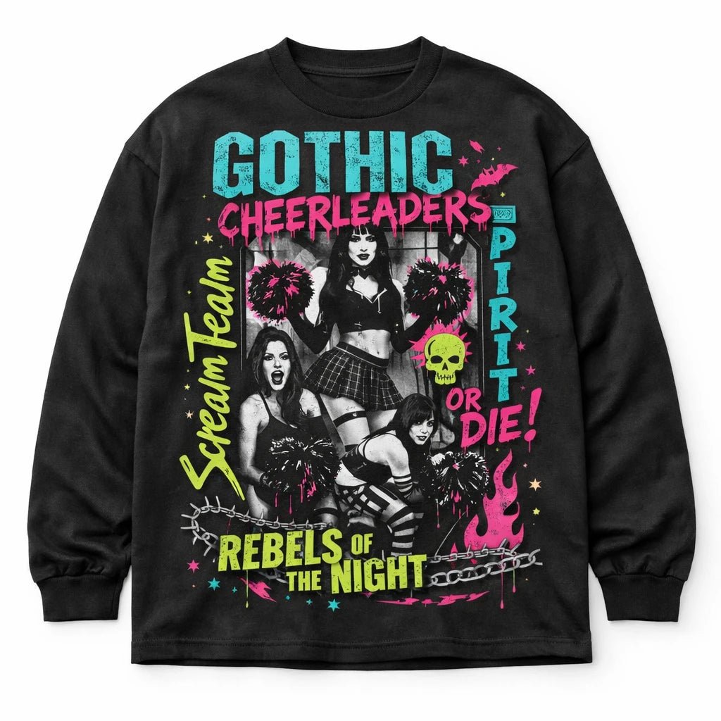 Bold Streetwear Apparel Graphics ChatGPT prompt: oversized streetwear mockup with editorial collage styling, layered typography, asymmetrical layout, and screen-print textures. Gothic Cheerleaders. Long Sleeve