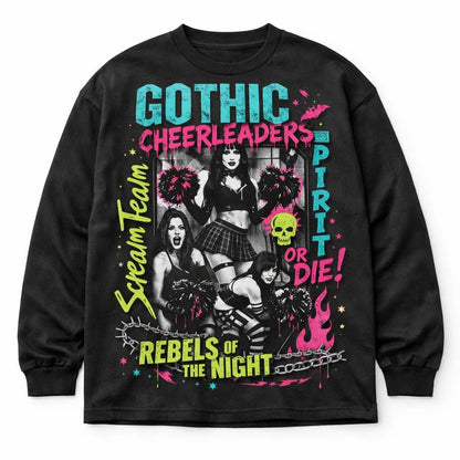 Bold Streetwear Apparel Graphics ChatGPT prompt: oversized streetwear mockup with editorial collage styling, layered typography, asymmetrical layout, and screen-print textures. Gothic Cheerleaders. Long Sleeve