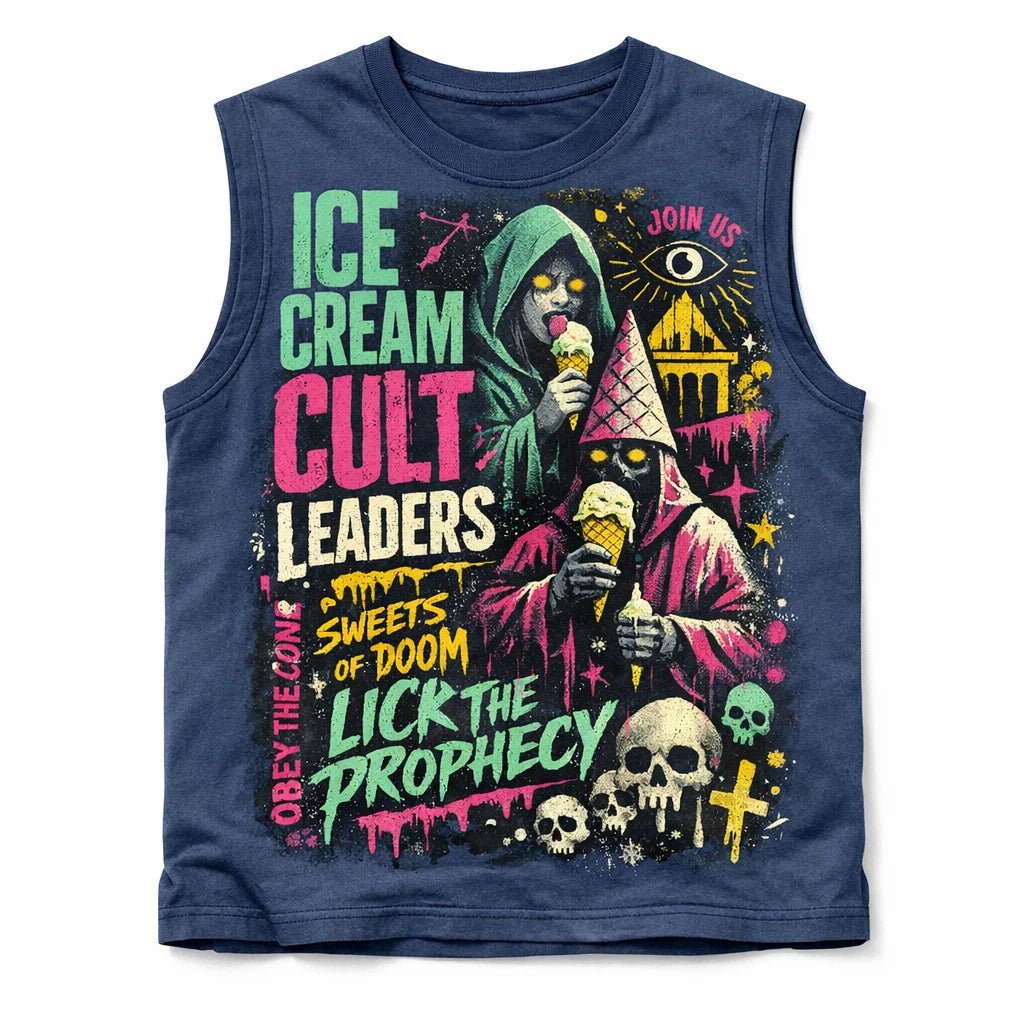 Bold Streetwear Apparel Graphics ChatGPT prompt: oversized streetwear mockup with editorial collage styling, layered typography, asymmetrical layout, and screen-print textures. Ice cream cult leaders. Top Tank