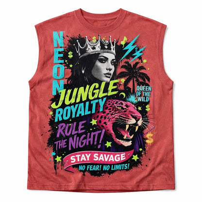 Bold Streetwear Apparel Graphics ChatGPT prompt: oversized streetwear mockup with editorial collage styling, layered typography, asymmetrical layout, and screen-print textures. Neon jungle royalty. Muscle tee.