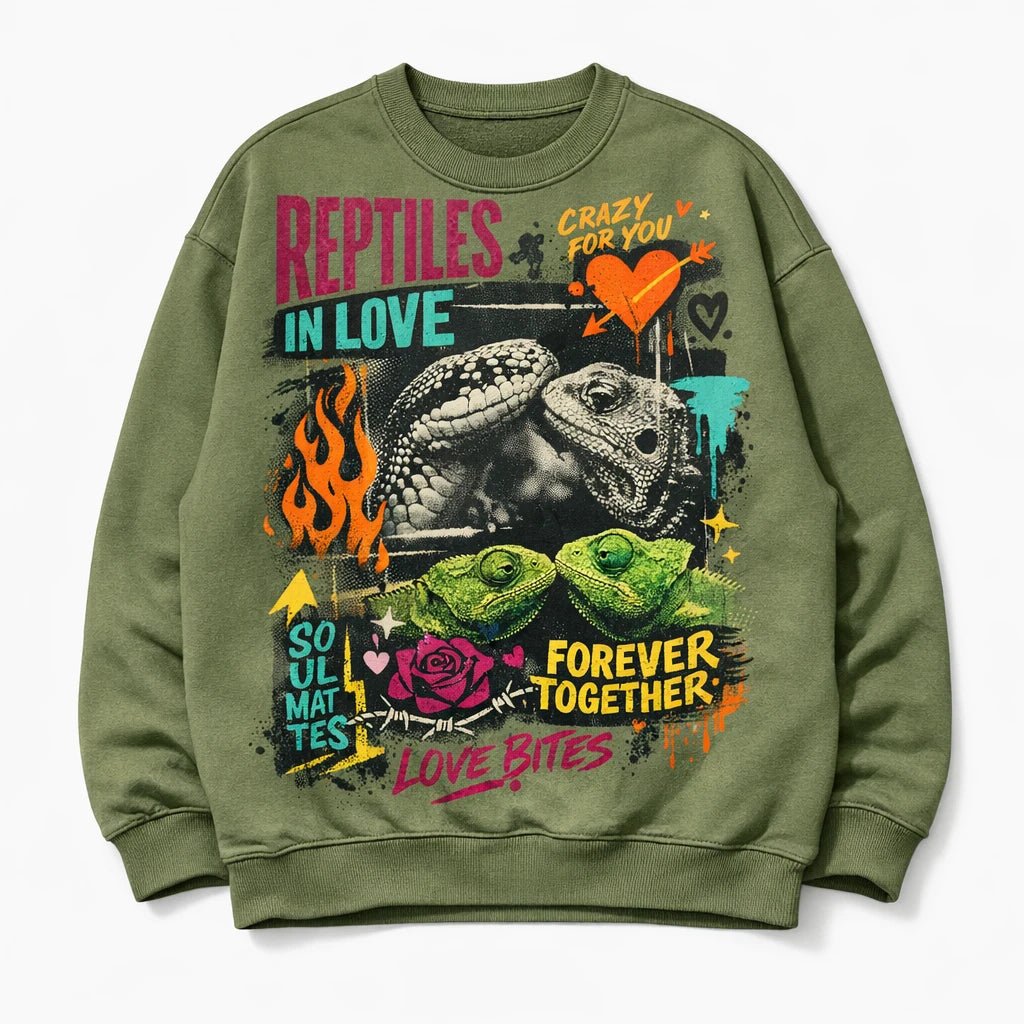 Bold Streetwear Apparel Graphics ChatGPT prompt: oversized streetwear mockup with editorial collage styling, layered typography, asymmetrical layout, and screen-print textures. Reptiles in love. Sweatshirt
