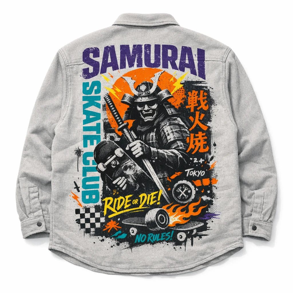 Bold Streetwear Apparel Graphics ChatGPT prompt: oversized streetwear mockup with editorial collage styling, layered typography, asymmetrical layout, and screen-print textures. Samurai Skate Club. Flannel