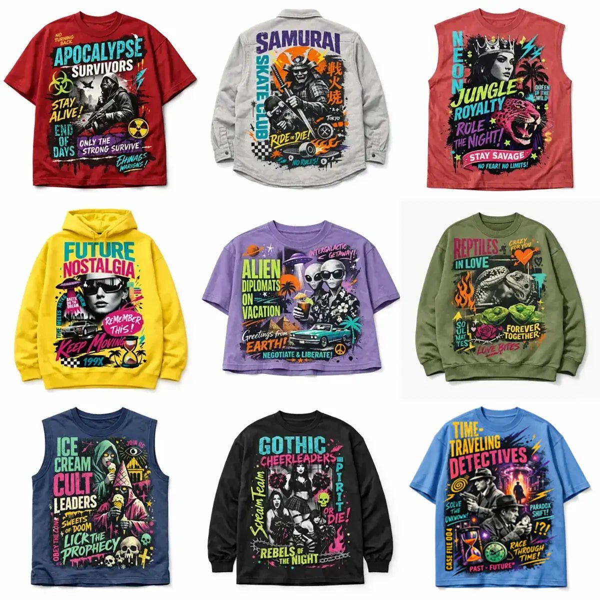 Nine Example output from the Bold Streetwear Apparel Graphics ChatGPT prompt: oversized streetwear mockups with editorial collage styling, layered typography, asymmetrical layouts, and screen-print textures.