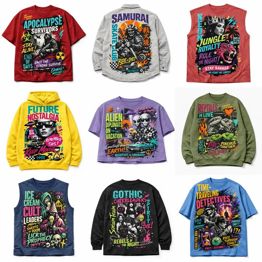 Nine Example output from the Bold Streetwear Apparel Graphics ChatGPT prompt: oversized streetwear mockups with editorial collage styling, layered typography, asymmetrical layouts, and screen-print textures.