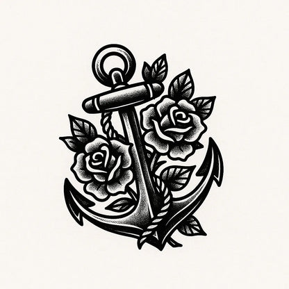 Example output from the Bold Tattoo Style Vector Art ChatGPT prompt: classic black-and-white tattoo flash designs, featuring thick outlines, expressive linework, minimalist layouts, and subtle textured grain on white backgrounds. Anchor & Roses.