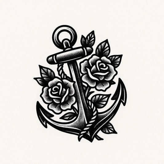 Example output from the Bold Tattoo Style Vector Art ChatGPT prompt: classic black-and-white tattoo flash designs, featuring thick outlines, expressive linework, minimalist layouts, and subtle textured grain on white backgrounds. Anchor & Roses.