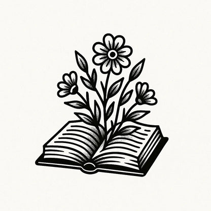 Example output from the Bold Tattoo Style Vector Art ChatGPT prompt: classic black-and-white tattoo flash designs, featuring thick outlines, expressive linework, minimalist layouts, and subtle textured grain on white backgrounds. Book Flower.