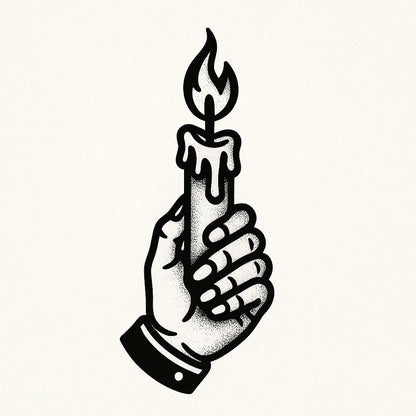 Example output from the Bold Tattoo Style Vector Art ChatGPT prompt: classic black-and-white tattoo flash designs, featuring thick outlines, expressive linework, minimalist layouts, and subtle textured grain on white backgrounds. Burning Candle.