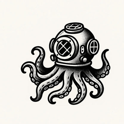 Example output from the Bold Tattoo Style Vector Art ChatGPT prompt: classic black-and-white tattoo flash designs, featuring thick outlines, expressive linework, minimalist layouts, and subtle textured grain on white backgrounds. Octopus.