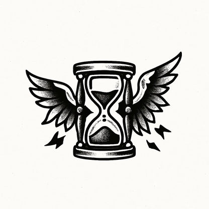 Example output from the Bold Tattoo Style Vector Art ChatGPT prompt: classic black-and-white tattoo flash designs, featuring thick outlines, expressive linework, minimalist layouts, and subtle textured grain on white backgrounds. Time.
