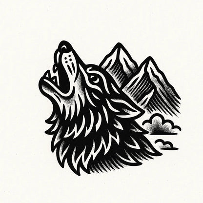 Example output from the Bold Tattoo Style Vector Art ChatGPT prompt: classic black-and-white tattoo flash designs, featuring thick outlines, expressive linework, minimalist layouts, and subtle textured grain on white backgrounds. Wolf.