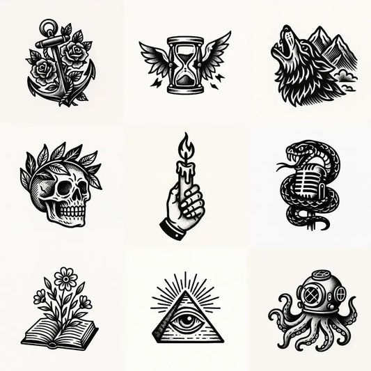Example output from the Bold Tattoo Style Vector Art ChatGPT prompt: classic black-and-white tattoo flash designs, featuring thick outlines, expressive linework, minimalist layouts, and subtle textured grain on white backgrounds.