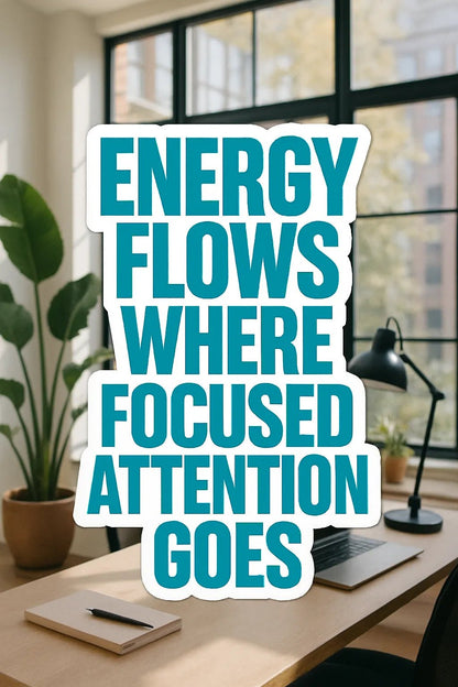 Example output from the Bold Vinyl Quote Sticker ChatGPT prompt: Energy flows where focused attention goes