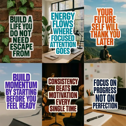 Example output from the Bold Vinyl Quote Sticker ChatGPT prompt: six realistic vinyl quote stickers with bold typography placed on lifestyle photo backgrounds, featuring clean die-cut edges and high-contrast colors.