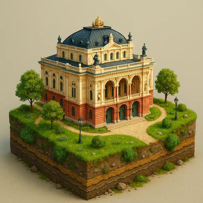 Example output of bright 3D realistic diorama building render generated by a ChatGPT prompt template, showcasing colorful miniature architectural scene: Baroque Opera House.