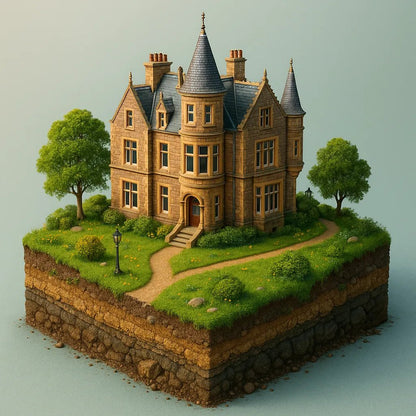 Example output of bright 3D realistic diorama building render generated by a ChatGPT prompt template, showcasing colorful miniature architectural scene: Victorian Mansion.