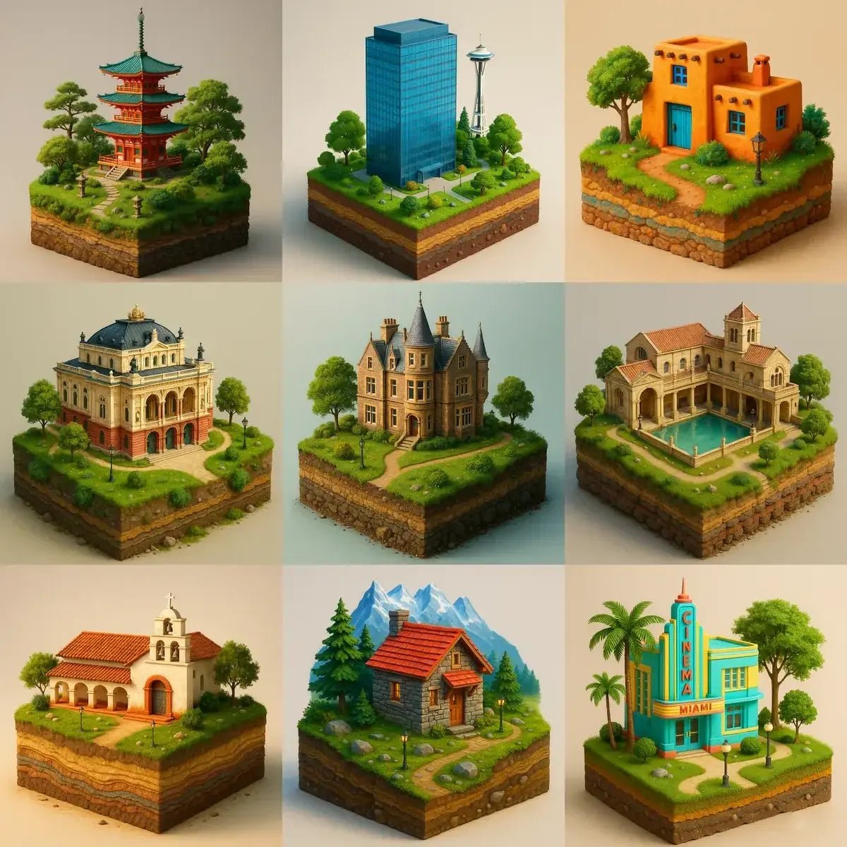 Example output of bright 3D realistic diorama building renders generated by a ChatGPT prompt template, showcasing colorful miniature architectural scenes—pagoda, glass tower, adobe home, classical theatre, Victorian manor, villa with pool, mission church, mountain cabin, and art deco cinema—on raised layered terrain with vivid textures in a consistent square format.