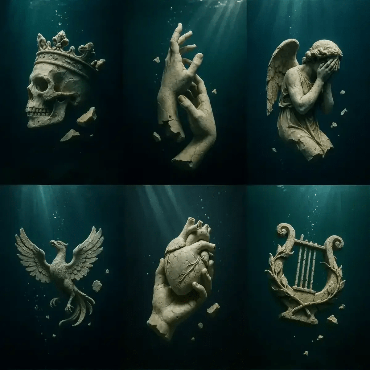 Example output from the Broken Marble Statues In Ocean ChatGPT prompt: ancient marble sculptures submerged underwater, featuring cracked stone textures, floating fragments, soft bubbles, and cinematic drift-lit darkness.