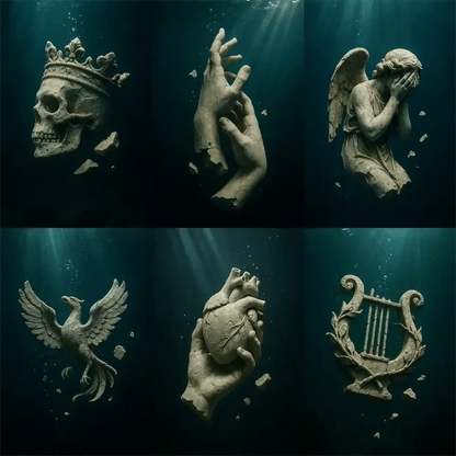 Example output from the Broken Marble Statues In Ocean ChatGPT prompt: ancient marble sculptures submerged underwater, featuring cracked stone textures, floating fragments, soft bubbles, and cinematic drift-lit darkness.
