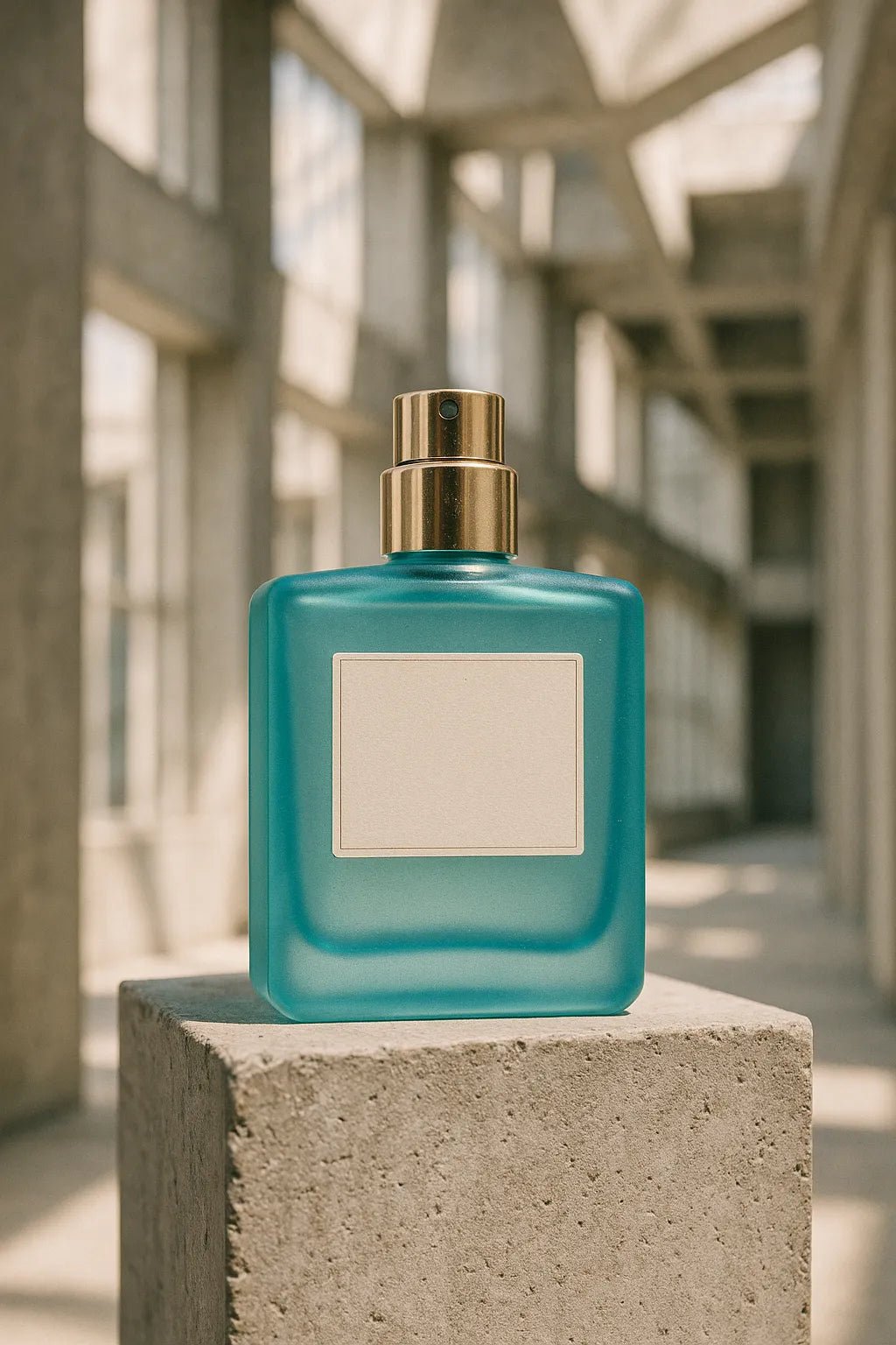 Example output from the Brutalist Atrium Product Mockups ChatGPT prompt: Blue Perfume Bottle