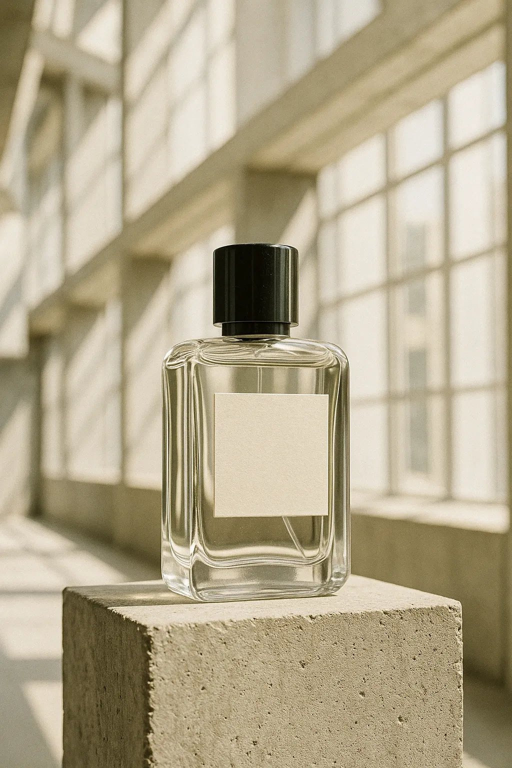 Example output from the Brutalist Atrium Product Mockups ChatGPT prompt: Clear Perfume Bottle
