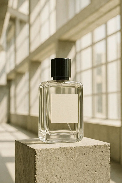 Example output from the Brutalist Atrium Product Mockups ChatGPT prompt: Clear Perfume Bottle