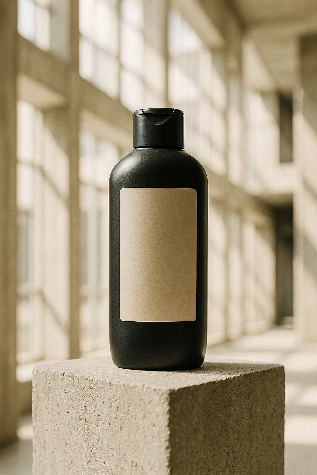 Example output from the Brutalist Atrium Product Mockups ChatGPT prompt: Conditioner Bottle