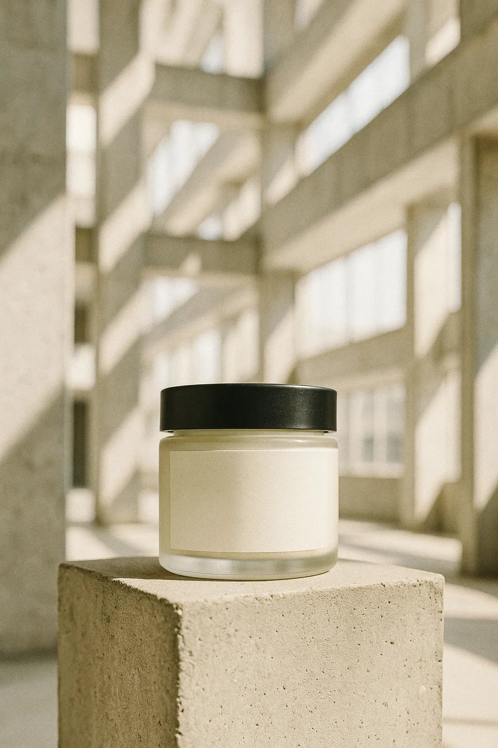 Example output from the Brutalist Atrium Product Mockups ChatGPT prompt: Cream Bottle