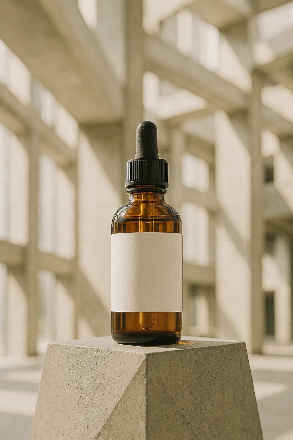 Example output from the Brutalist Atrium Product Mockups ChatGPT prompt: Dropper Bottle