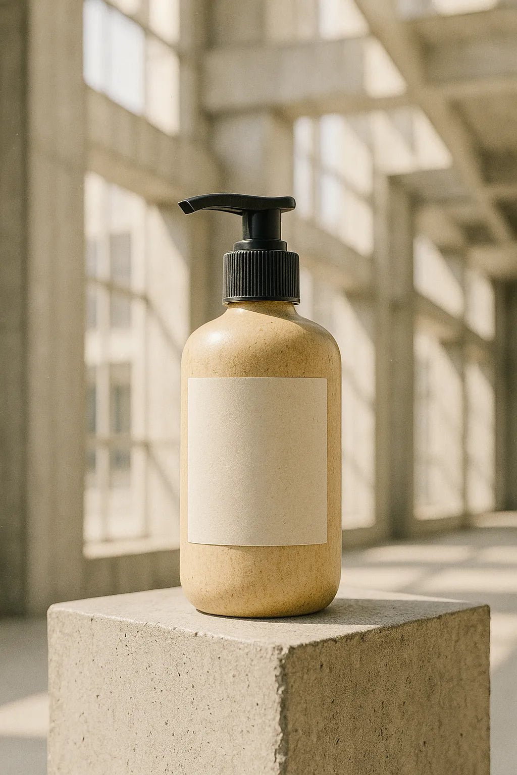 Example output from the Brutalist Atrium Product Mockups ChatGPT prompt: Liquid Soap Bottle