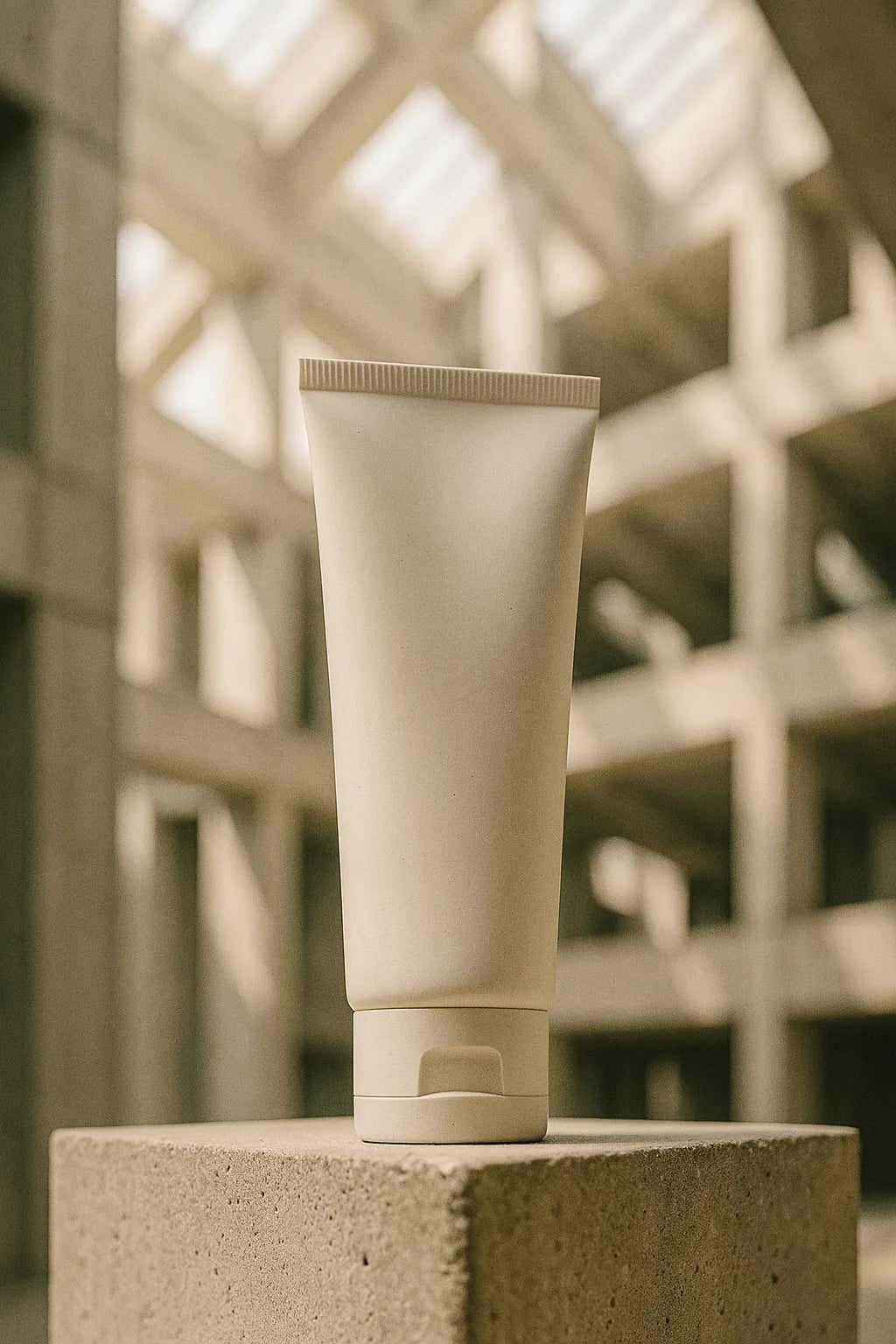 Example output from the Brutalist Atrium Product Mockups ChatGPT prompt: Lotion Bottle