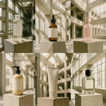 Example output from the Brutalist Atrium Product Mockups ChatGPT prompt: minimalist product containers displayed on concrete plinths in a sunlit brutalist atrium, with high-key lighting, subtle film grain, and shallow depth of field.