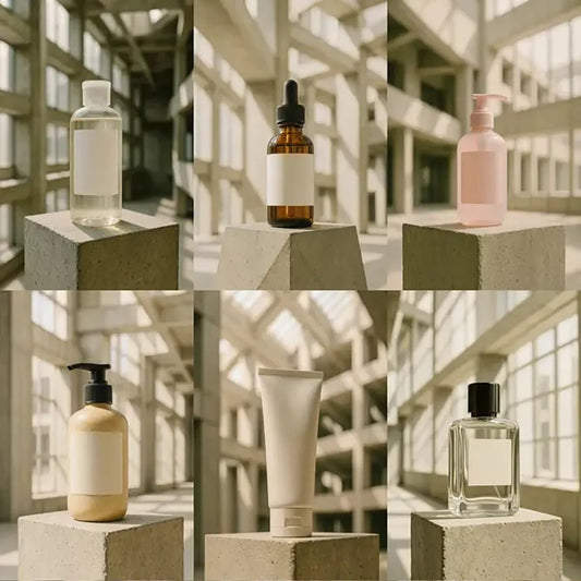 Example output from the Brutalist Atrium Product Mockups ChatGPT prompt: minimalist product containers displayed on concrete plinths in a sunlit brutalist atrium, with high-key lighting, subtle film grain, and shallow depth of field.