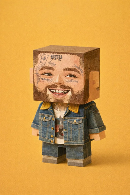Cube-headed cardboard paper toy character on colorful studio background, showing photo-to-figure style with clean negative space: Post Malone