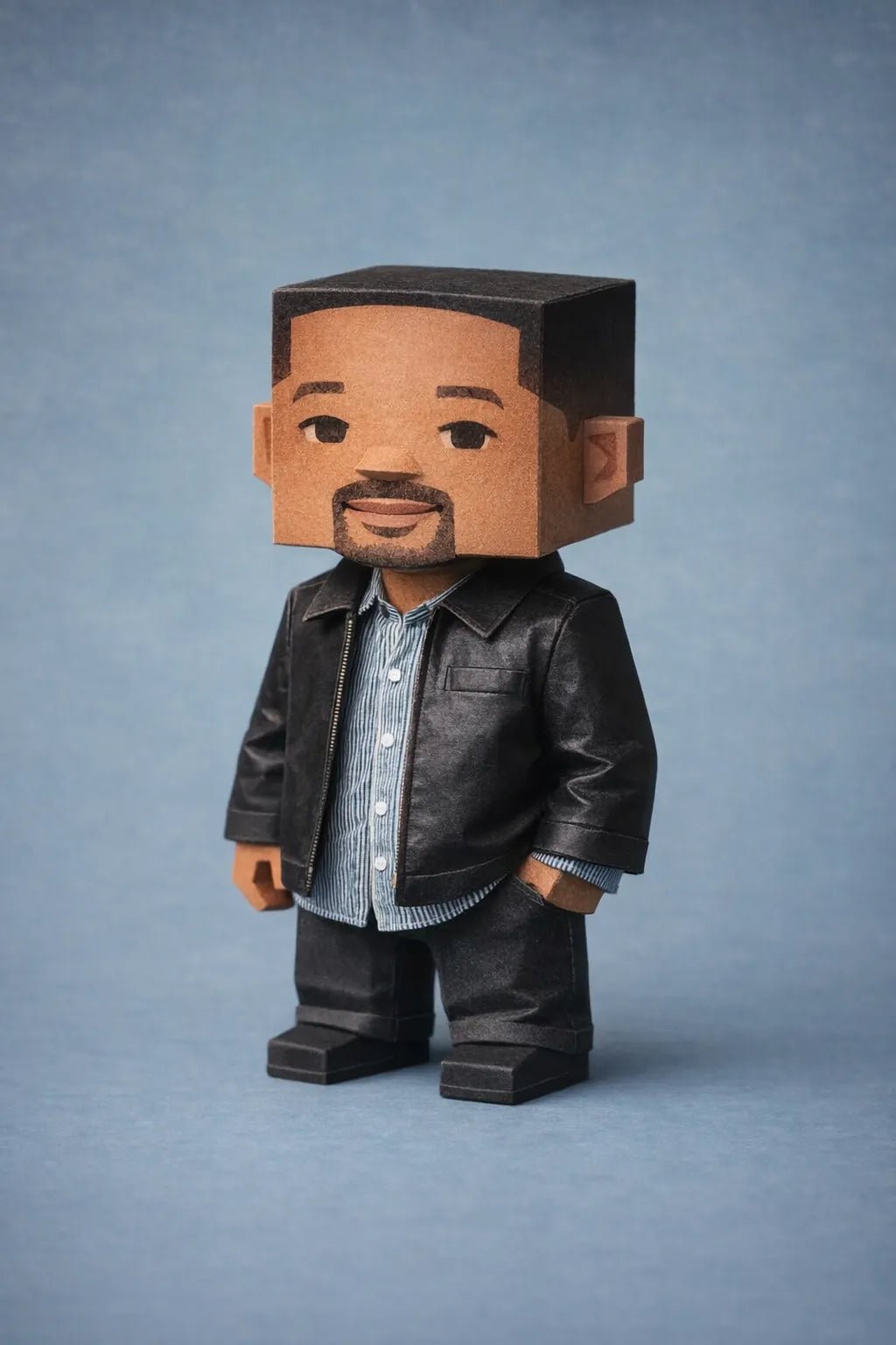 Cube-headed cardboard paper toy character on colorful studio background, showing photo-to-figure style with clean negative space: Will Smith