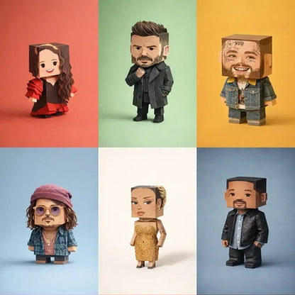 Grid of cube-headed cardboard paper toy characters on colorful studio backgrounds, showing photo-to-figure style variations with clean negative space.
