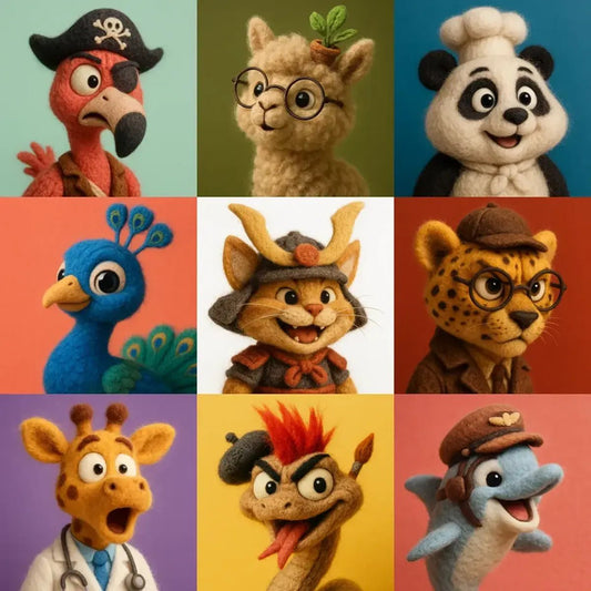 Example output from the Charming Wool Felt Animal Portraits ChatGPT prompt: cartoon-style felted animal characters, featuring textured wool fibers, detailed lighting, playful expressions, and colorful backgrounds with soft bokeh blur.