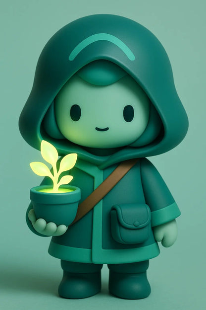 Example output from the Chibi Collectible Character Figures ChatGPT prompt. Cute vinyl-style chibi character: Botanist Growing Plants