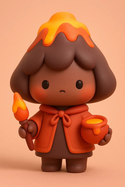 Example output from the Chibi Collectible Character Figures ChatGPT prompt. Cute vinyl-style chibi character: Shy Volcano