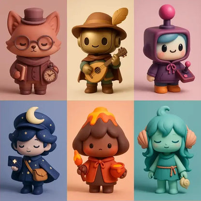 Example output from the Chibi Collectible Character Figures ChatGPT prompt: six cute vinyl-style chibi characters with smooth 3D look, soft lighting, and toy-like details.