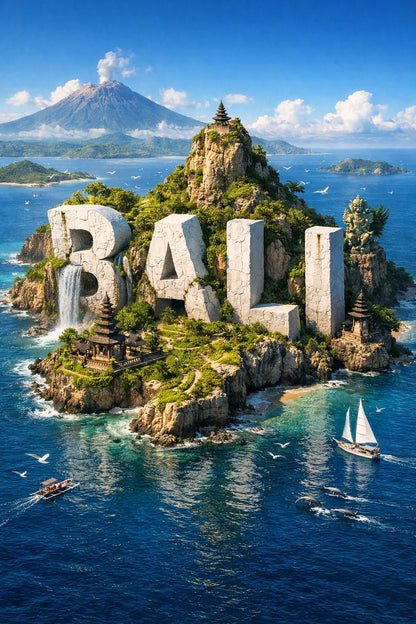 Example output from the Cinematic 3D Island Travel Poster ChatGPT prompt: Bali
