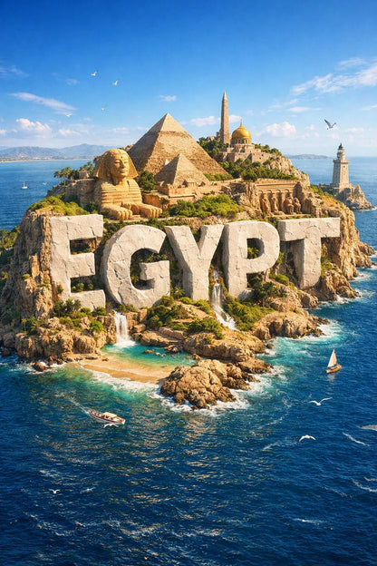 Example output from the Cinematic 3D Island Travel Poster ChatGPT prompt: Egypt