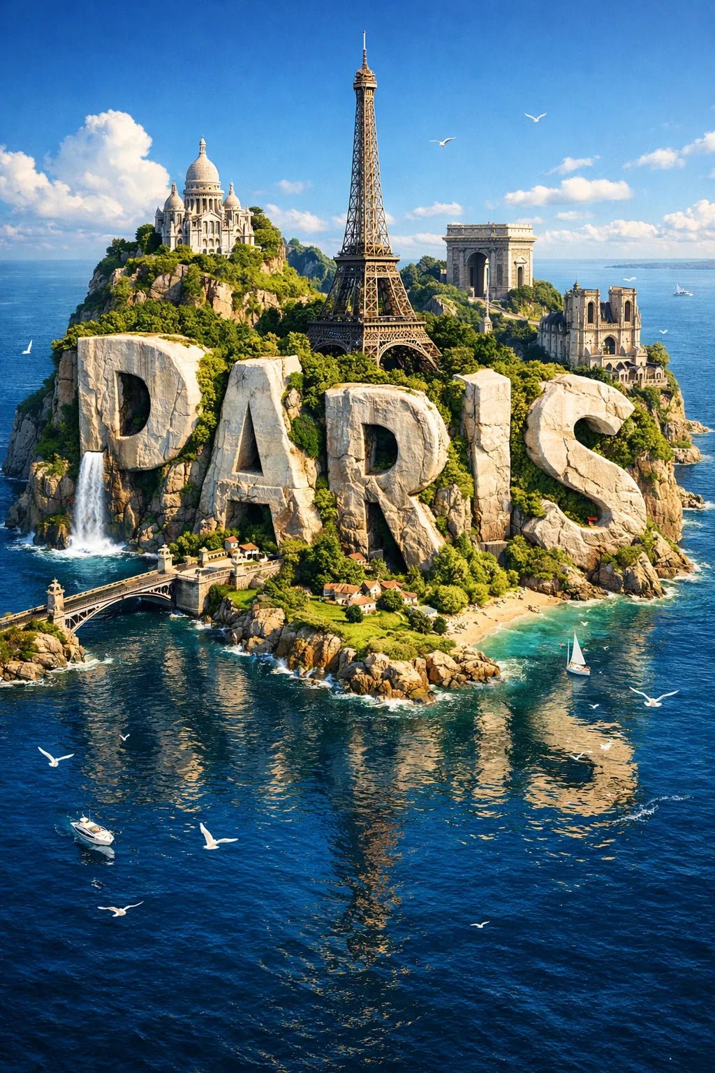 Example output from the Cinematic 3D Island Travel Poster ChatGPT prompt: Paris